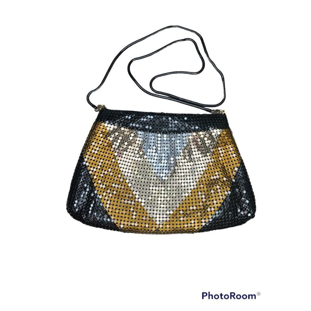 Elka Mesh Evening Bag Gold, Metal, Black Snake Chain Strap Geometric Design
